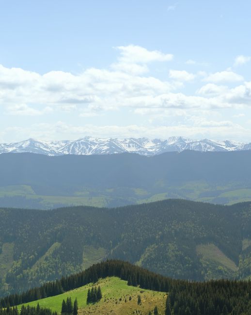 Breathtaking aerial view of snowcapped mountain peaks and lush green forests in Ukrainka during summer, Huizhou,...
