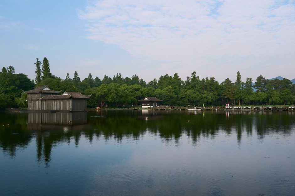 Peaceful Huizhou West Lake park with lotus pond and pavilion, Guangdong, China